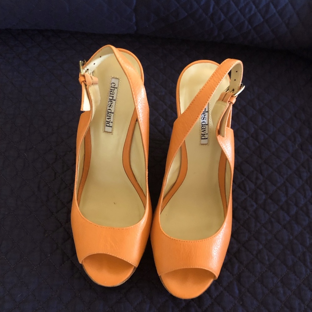 Charles David Orange Peep Toe Cork Heel Wedges - Size 8